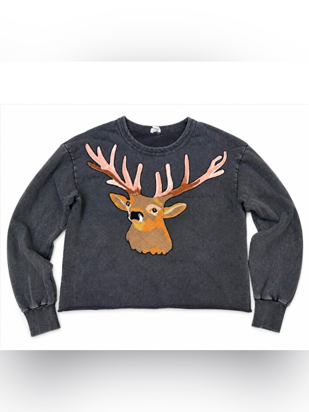 TINY ANTHROPOLOGIE EMBROIDERED REINDEER LONG SLEEVE CREWNECK T-SHIRT TOP SZ XS